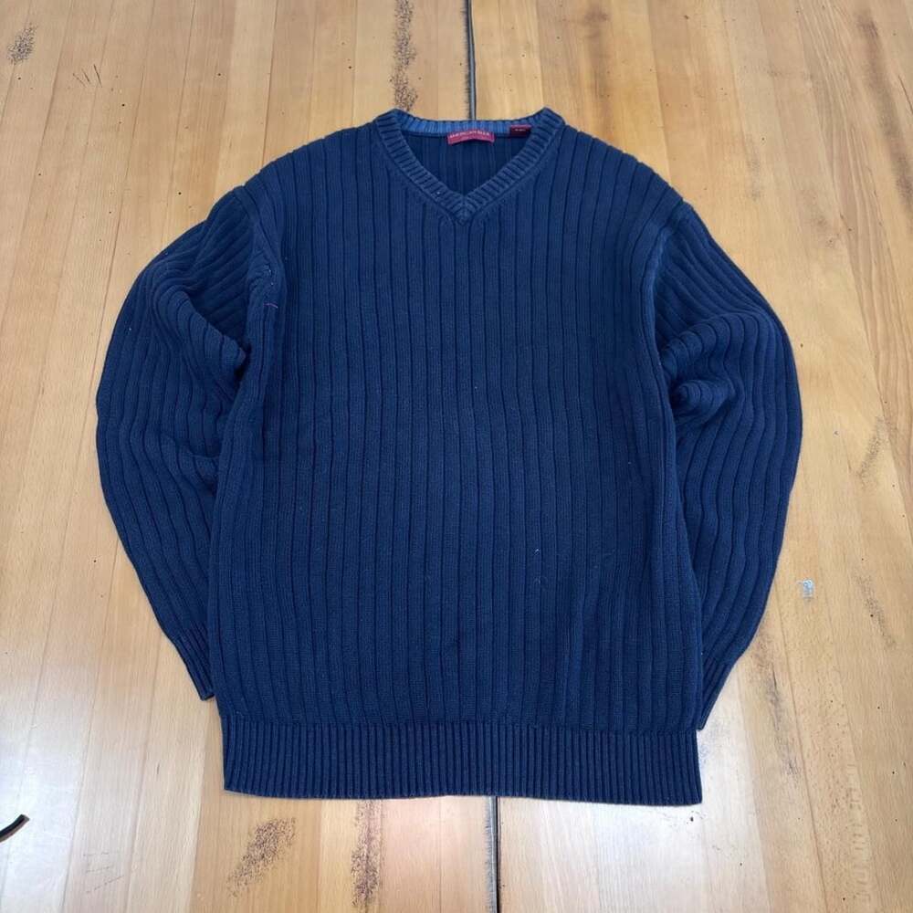 American Blue Ribbed V-Neck Sweater Size L Navy Blue Cotton 90s